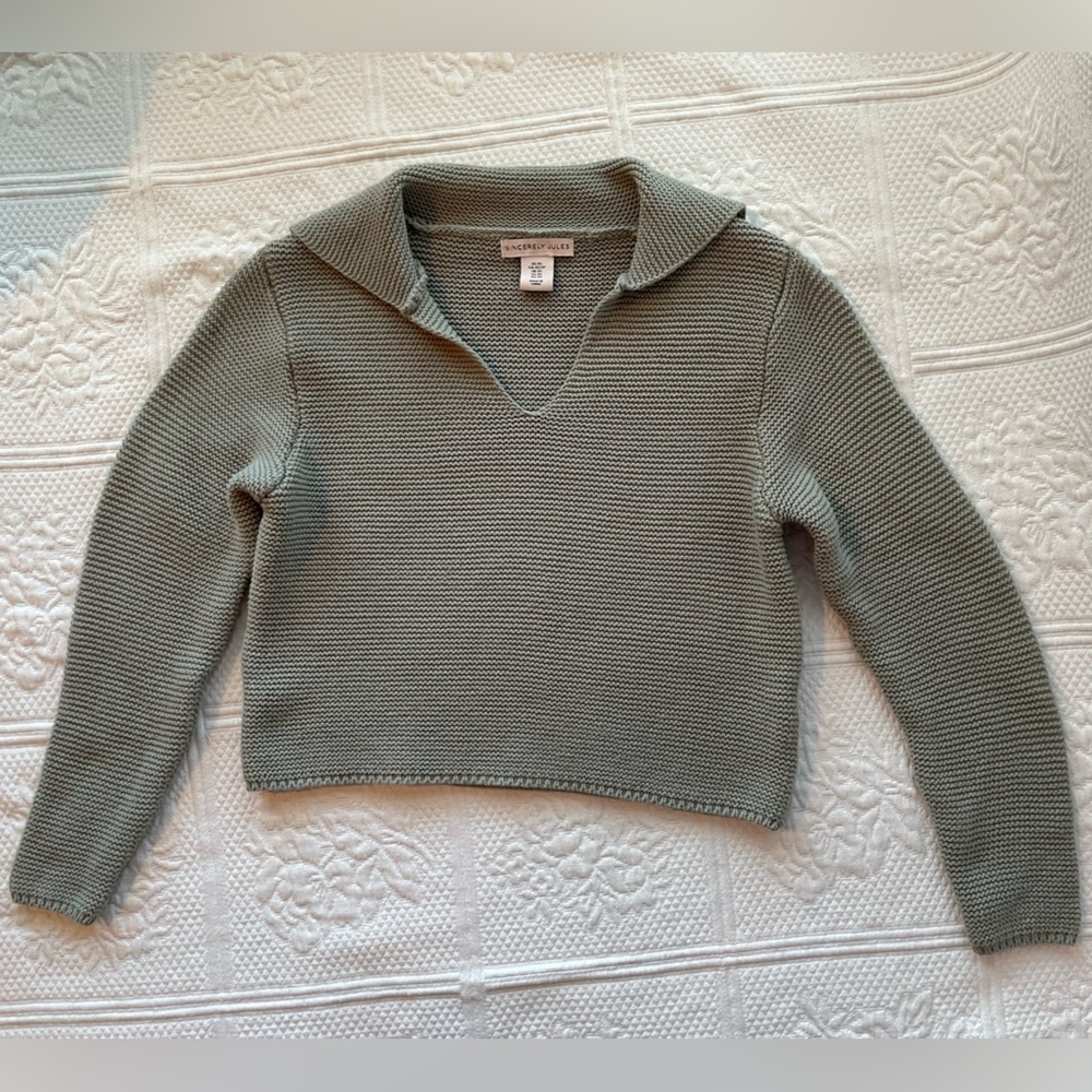Sincerely Jules Long Sleeve Collar Crop Sweater Sage Green XS - Picture 2 of 10